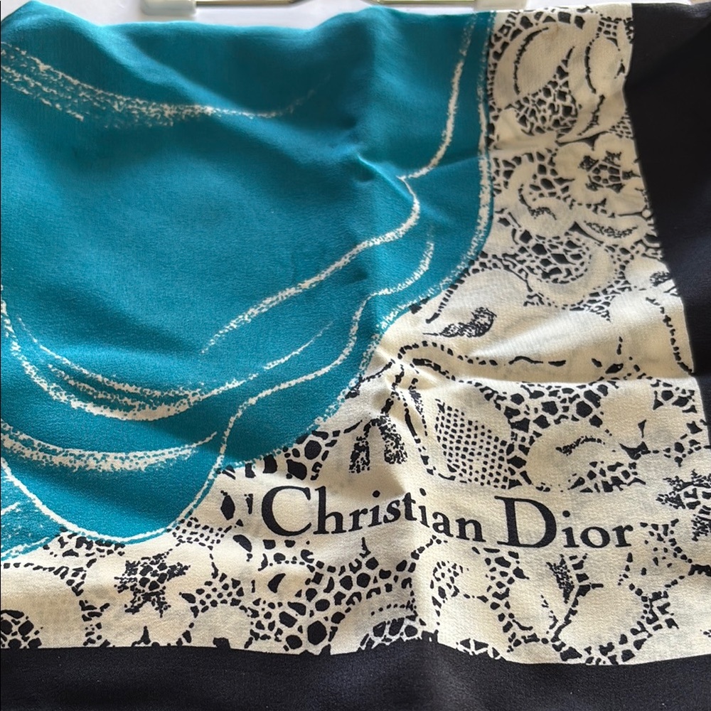 Dior Blue and Cream Silk Scarf with Intricate Lace Patterns